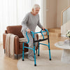 Aluminum folding walker in navy, designed for seniors with adjustable heights and non-slip foot pads for safety.