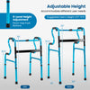 Folding aluminum walking frame with adjustable height, non-slip foot pads, ideal for seniors and limited mobility users.