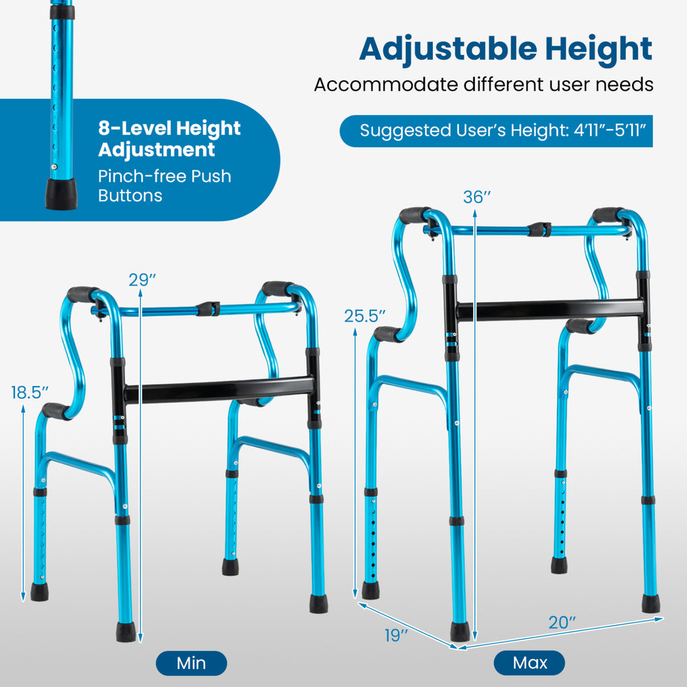 Folding aluminum walking frame with adjustable height, non-slip foot pads, ideal for seniors and limited mobility users.