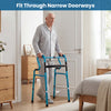 Folding aluminum walking frame in navy, designed for seniors, featuring adjustable heights and non-slip foot pads for.