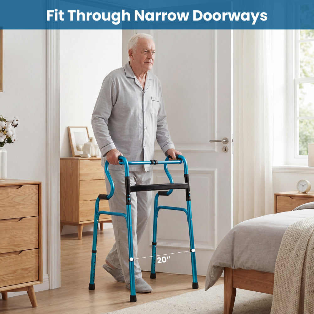 Folding aluminum walking frame in navy, designed for seniors, featuring adjustable heights and non-slip foot pads for.