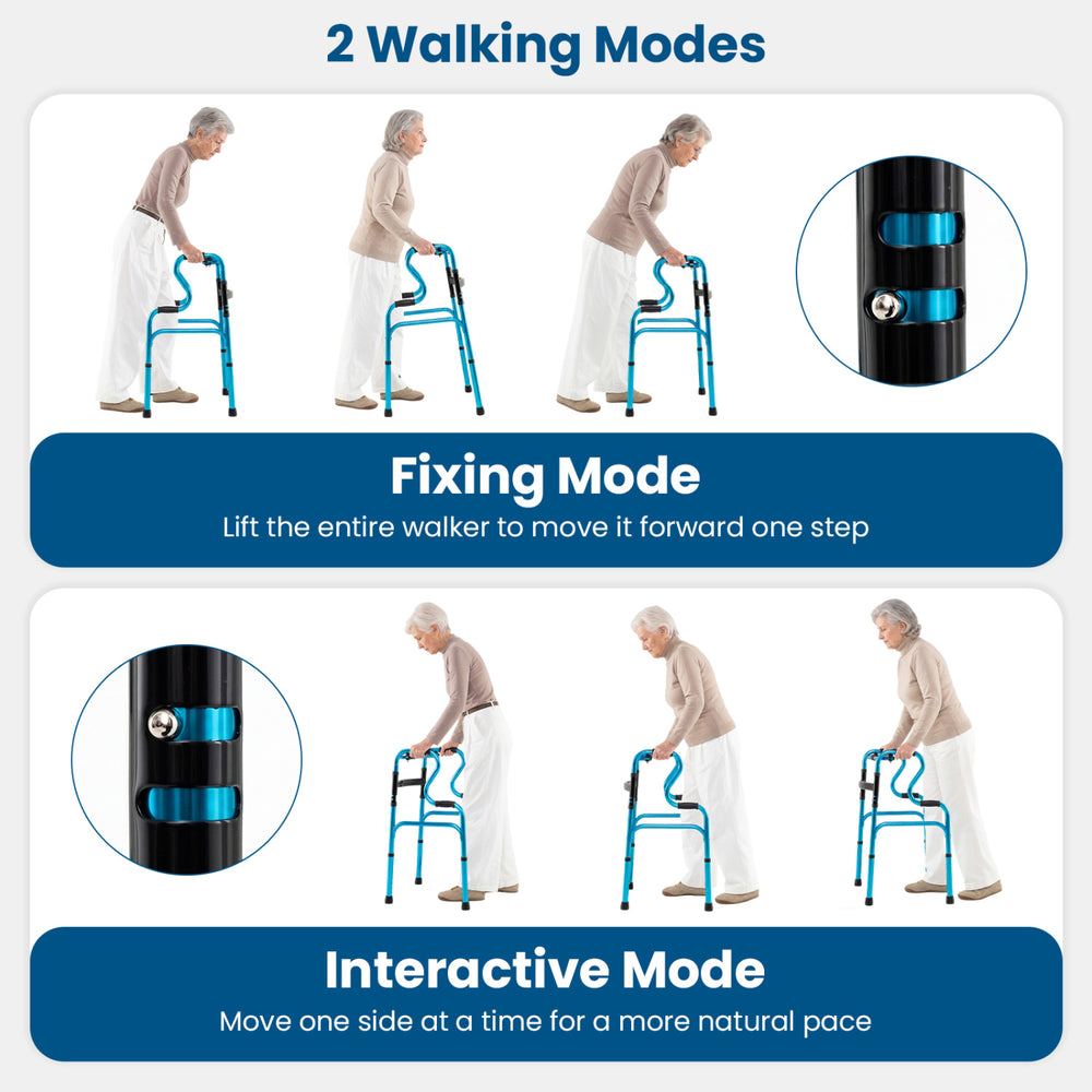 Folding aluminum walking frame for seniors in fixing and interactive modes, featuring adjustable heights and non-slip.