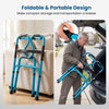 Folding aluminum walking frame in navy, featuring a one-button design for easy storage and portability for seniors.