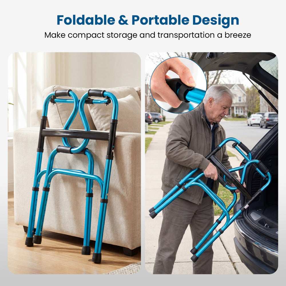 Folding aluminum walking frame in navy, featuring a one-button design for easy storage and portability for seniors.