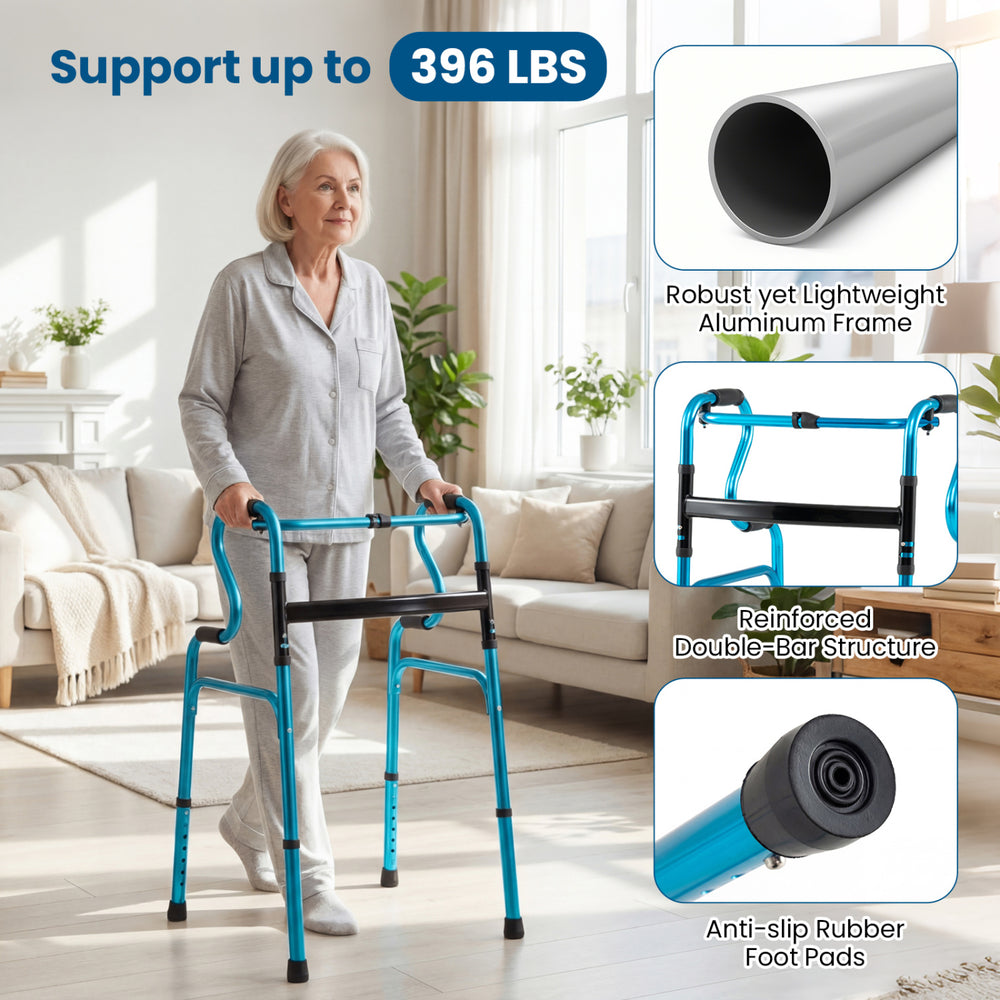 Folding aluminum walking frame in navy, featuring adjustable heights and non-slip foot pads for seniors' safety.