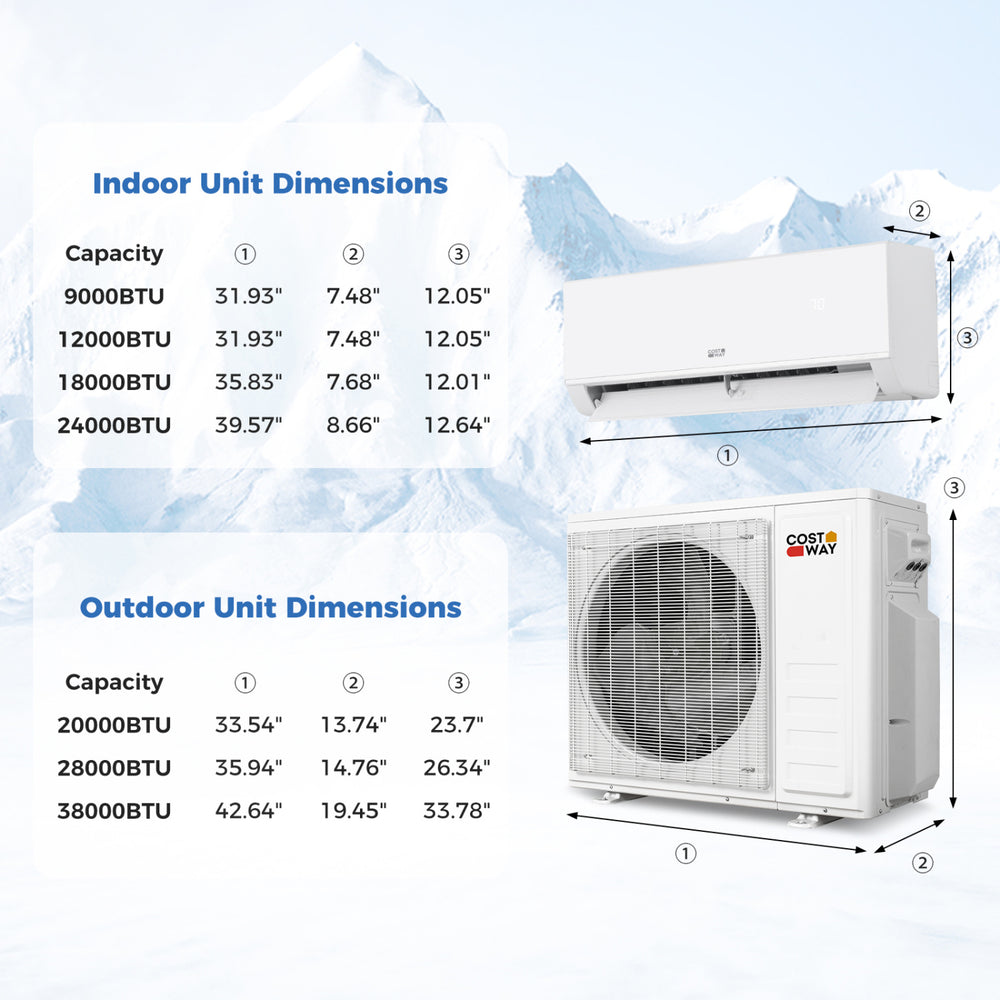 Indoor and outdoor unit dimensions for the Blast Pro 28000 BTU Mini Split AC with Heat Pump, ideal for efficient.