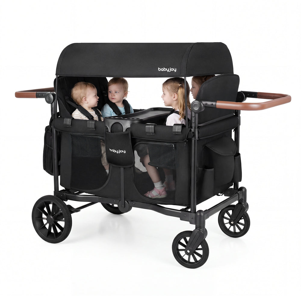4-seat camping wagon with safety harness and canopy, perfect for family outings and outdoor adventures.