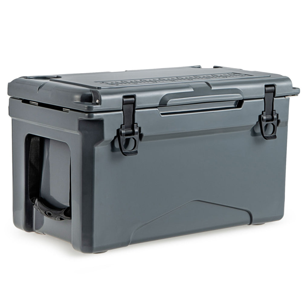 Rotomolded cooler with durable design, offering 5-7 day ice retention, ideal for camping and outdoor activities.