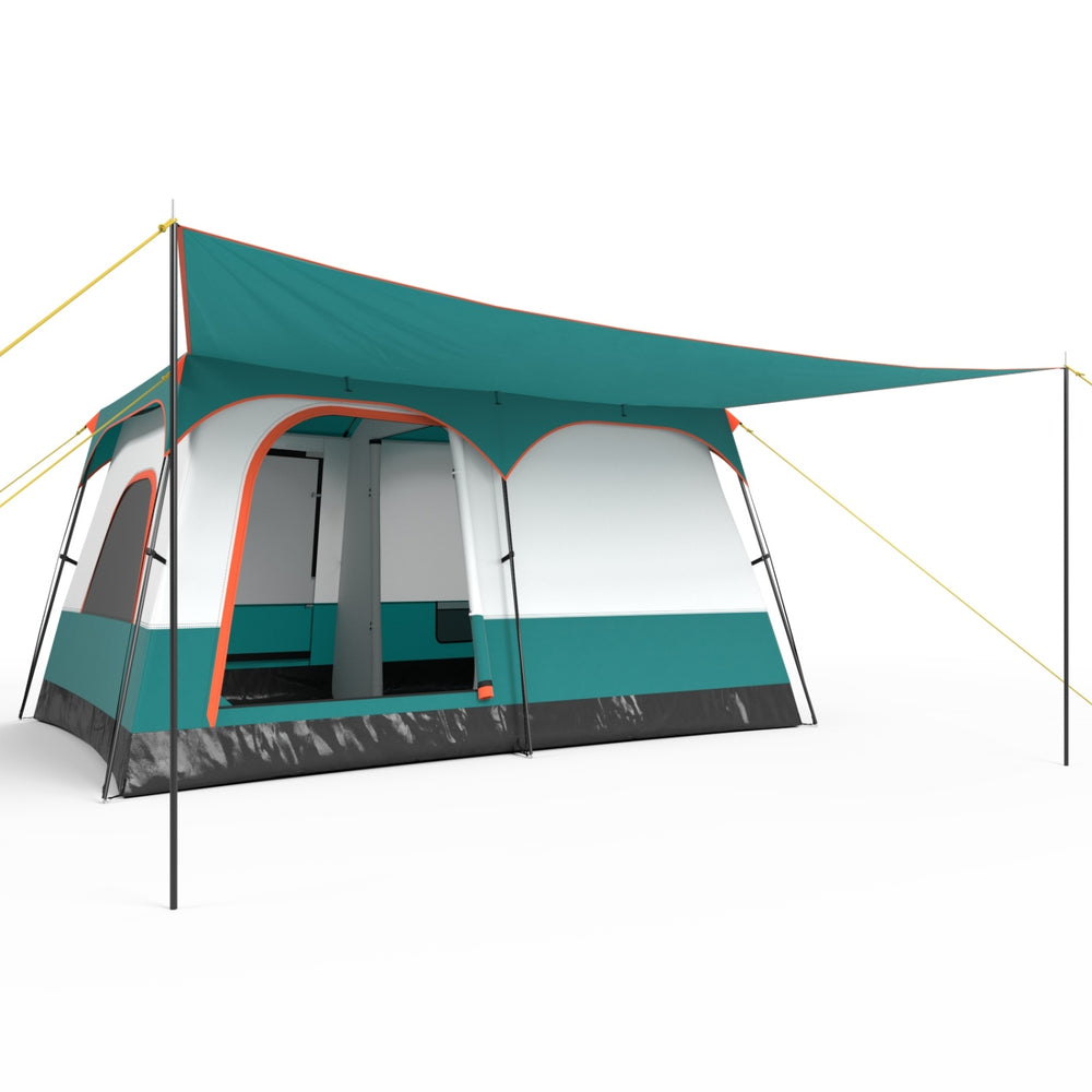 Spacious 6-8 person camping tent with waterproof materials and porch, ideal for family outdoor adventures.