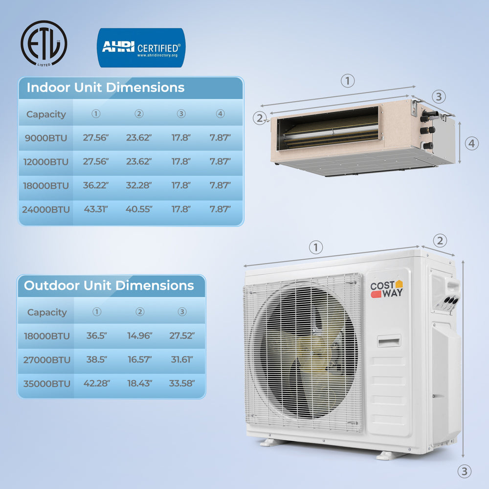 Concealed ducted mini split AC unit with 35000 BTU capacity, designed for efficient temperature control in two zones.