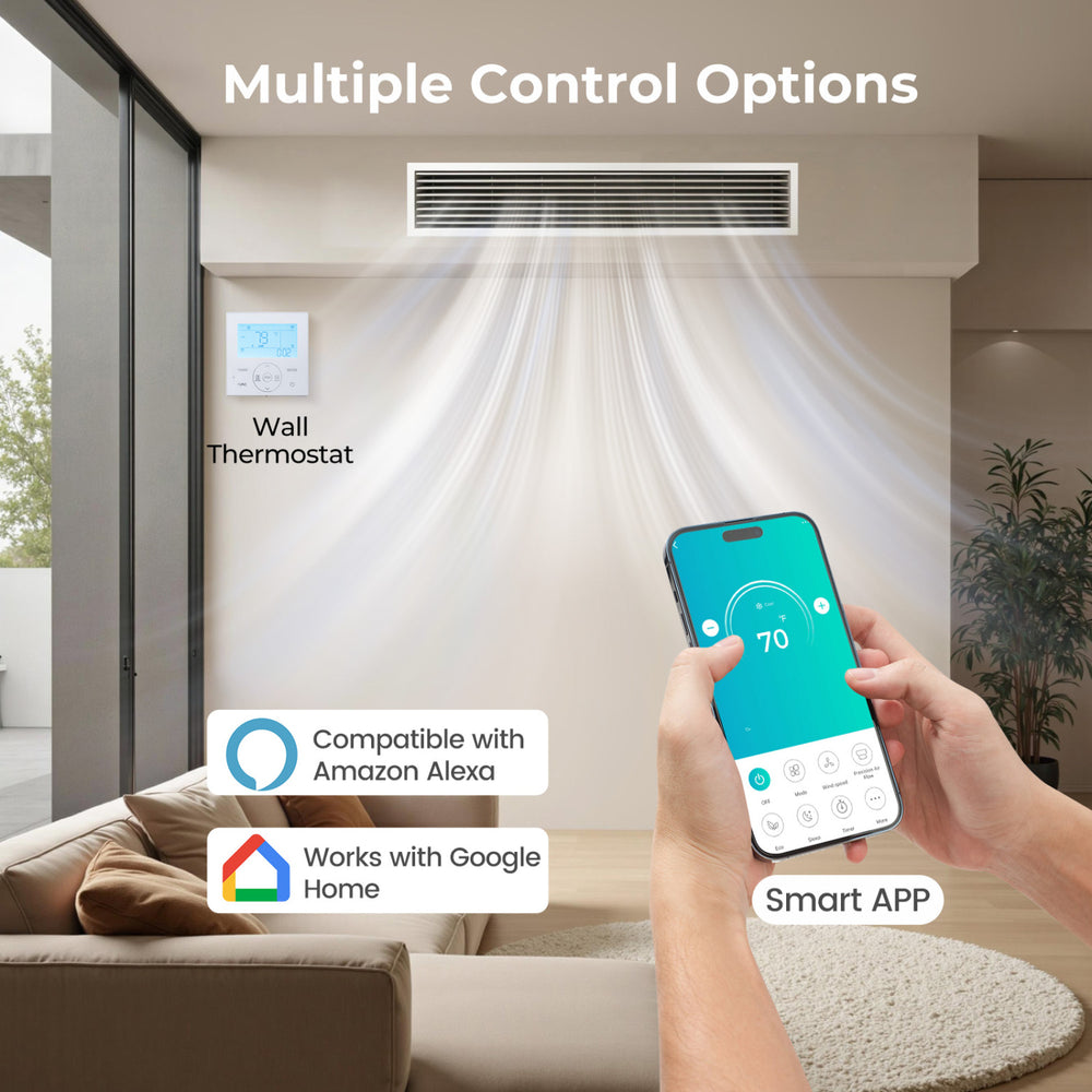 Smart control options for the X-Pro 35000 BTU mini split AC with wall thermostat and app compatibility for convenience.