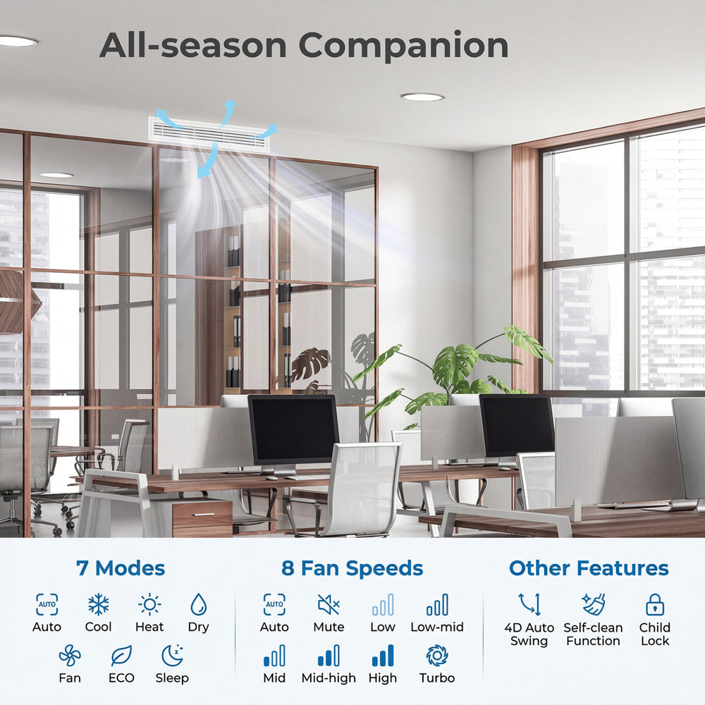 X-Pro 35000 BTU concealed ducted mini split AC with 7 modes, 8 fan speeds, and smart control for optimal comfort.