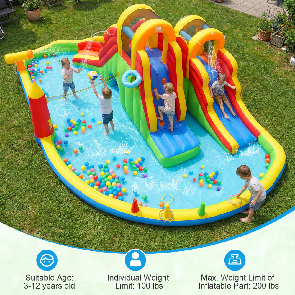 Giant bounce house with two long slides, splash pool, and games for kids' outdoor fun at yard parties.