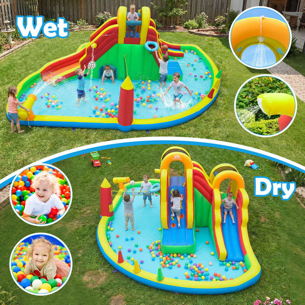 Giant bounce house with two long slides, splash pool, and water cannon for outdoor fun at yard parties.