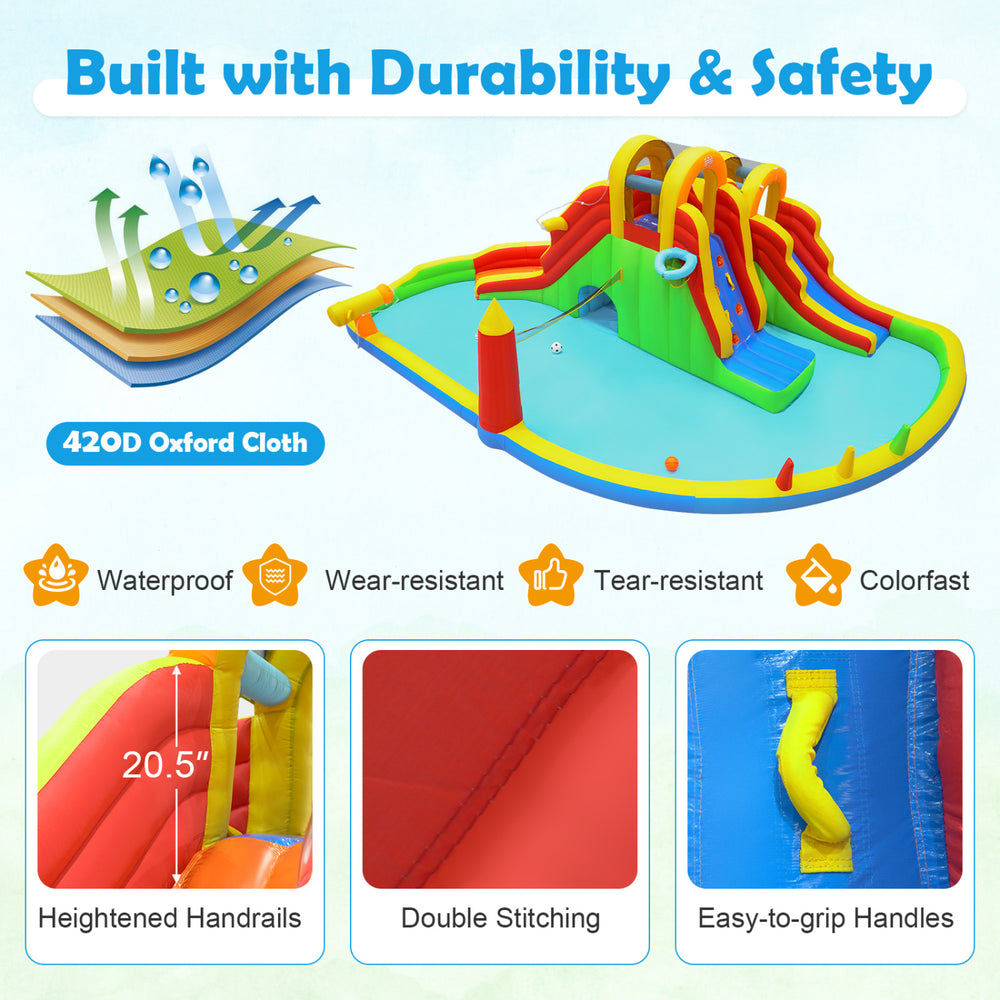 Giant bounce house with two long slides, made of waterproof 420D Oxford cloth, perfect for yard parties and family fun.
