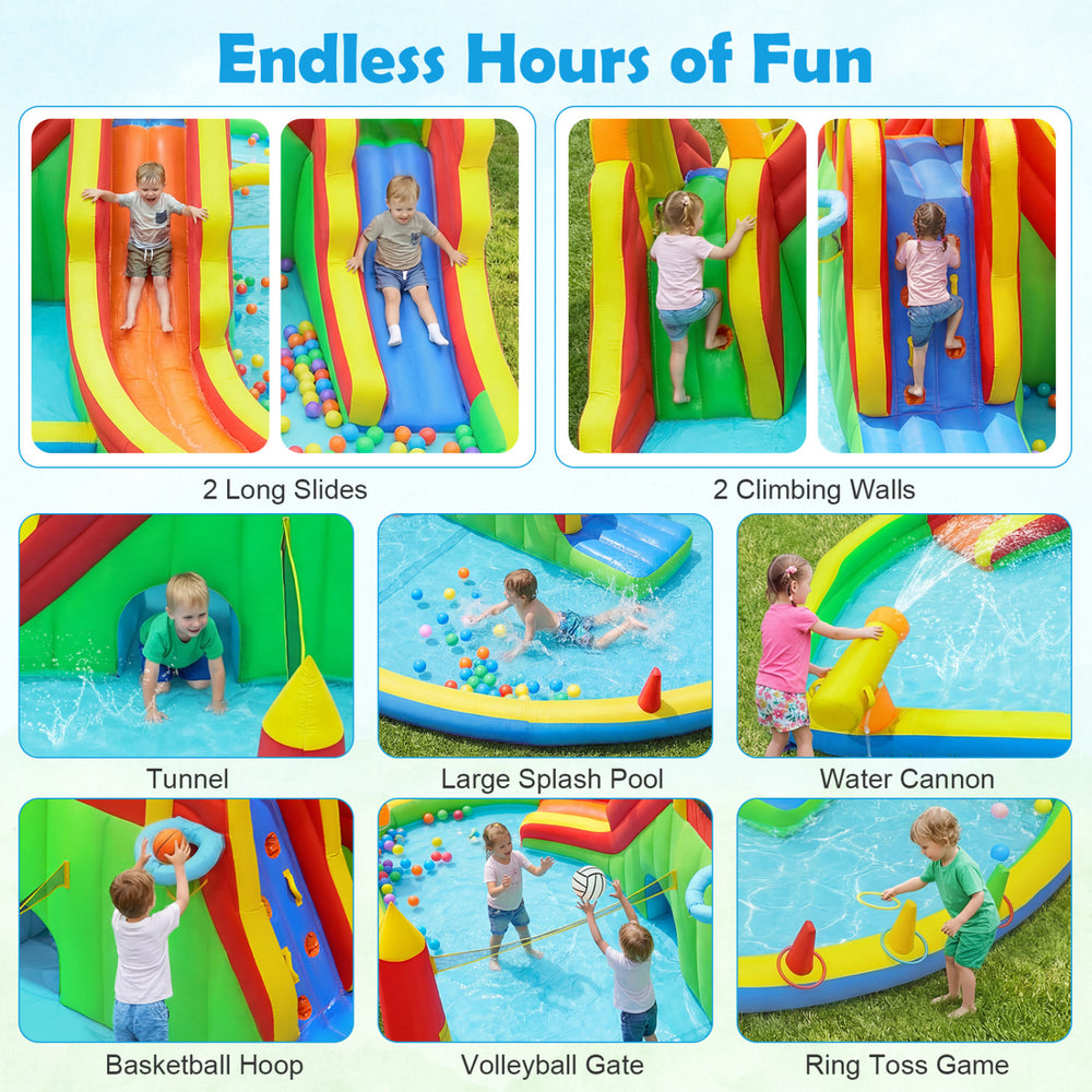 Giant bounce house with 2 long slides, climbing walls, and splash pool for kids' outdoor fun and parties.