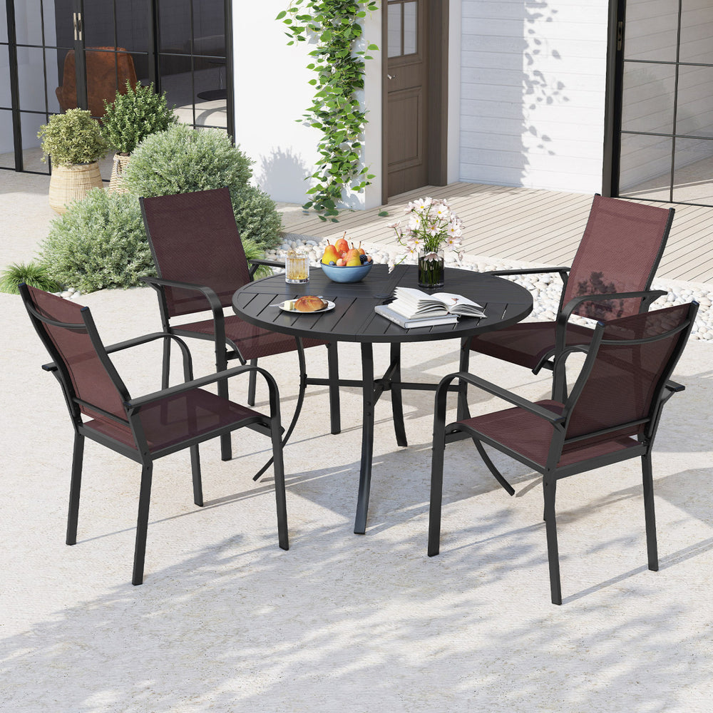 5-piece patio dining set featuring a 42.5-inch round metal table and four stackable chairs for outdoor gatherings.