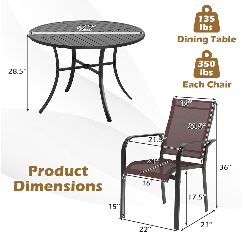 Round 42.5-inch outdoor dining table with four stackable chairs, featuring metal construction and mesh fabric for patio.