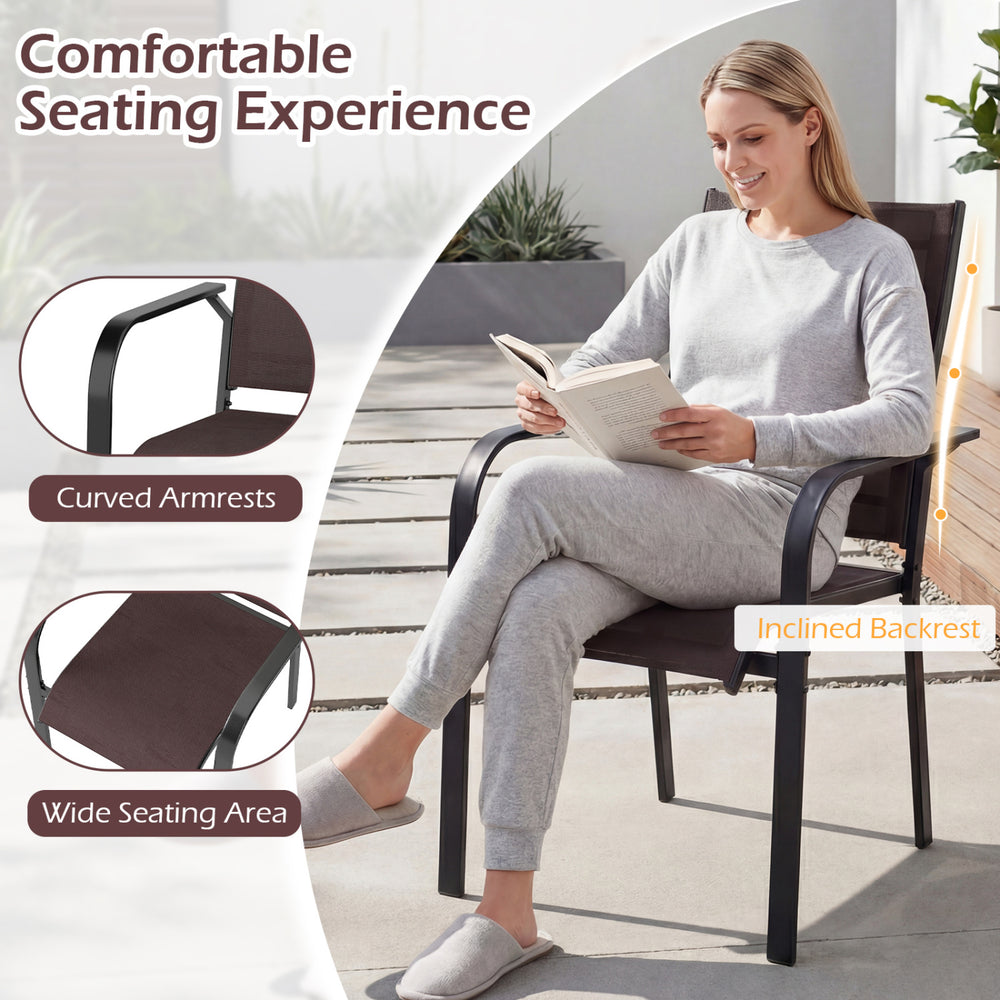 Curved armrests and wide seating area of the patio chair, designed for comfort and relaxation in outdoor settings.