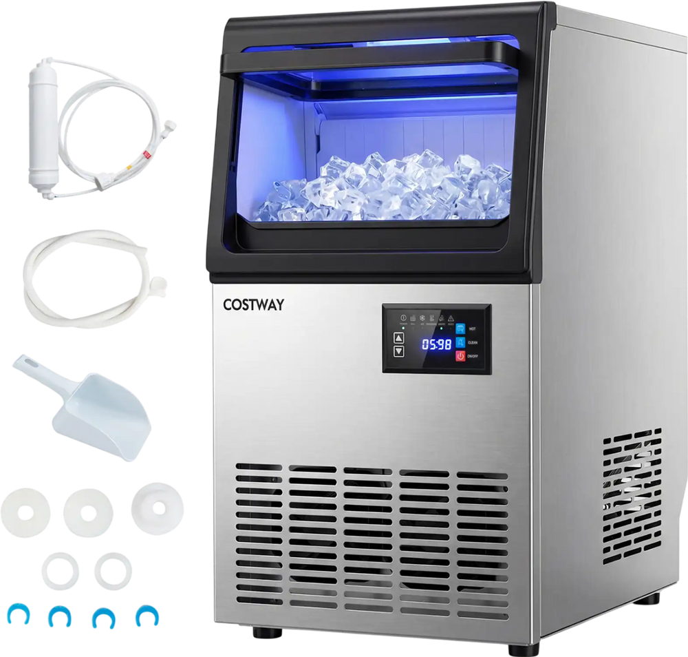 Stainless steel spray ice maker producing up to 80 lbs of clear ice daily, featuring adjustable thickness and.