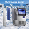 Stainless steel spray ice maker with clear ice production, 80 lbs daily capacity, and adjustable thickness for drinks.