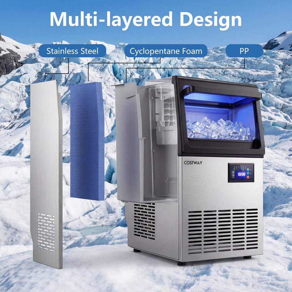 Stainless steel spray ice maker with clear ice production, 80 lbs daily capacity, and adjustable thickness for drinks.