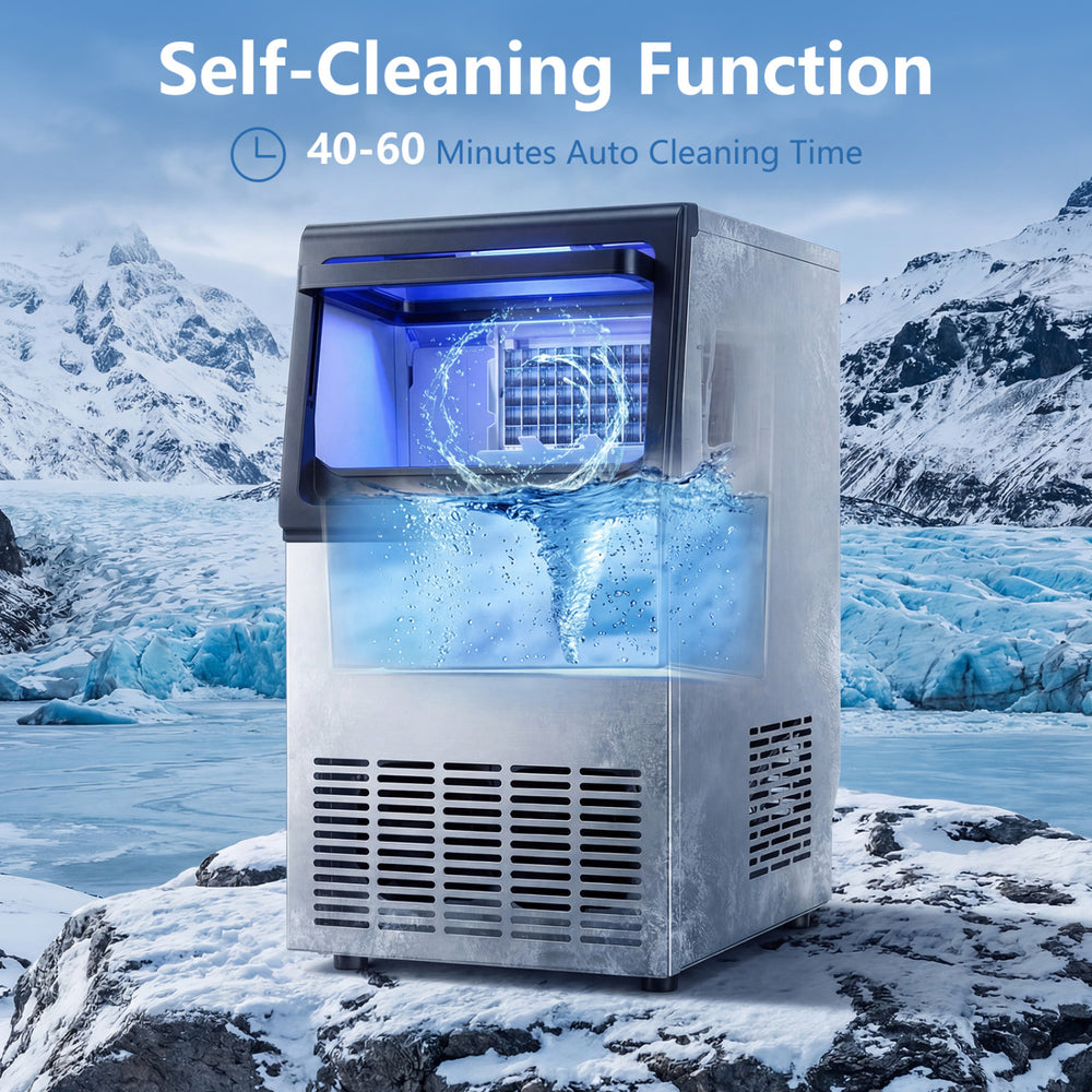Stainless steel spray ice maker with self-cleaning function, producing 80 lbs of clear ice daily for quick cooling.