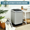 Compact washer and dryer combo in silver, featuring a stainless steel drum, ideal for small spaces and efficient.