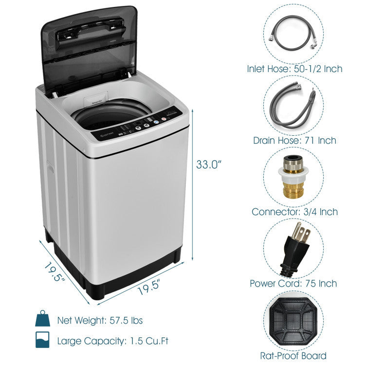 Compact washer and dryer combo with stainless steel drum, 1.5 cu.ft capacity, ideal for small spaces like apartments.