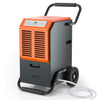 Industrial dehumidifier with orange top for climate control in garages and warehouses, enhancing air quality and.