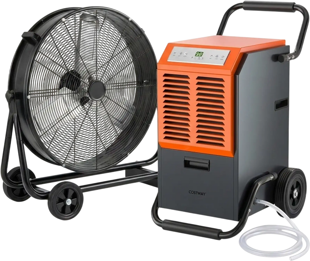 Garage & Warehouse Climate Control Bundle: Dehumidifier + Industrial Drum Fan