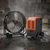 Industrial drum fan and dehumidifier bundle for climate control in large garages and workshops, enhancing air quality.