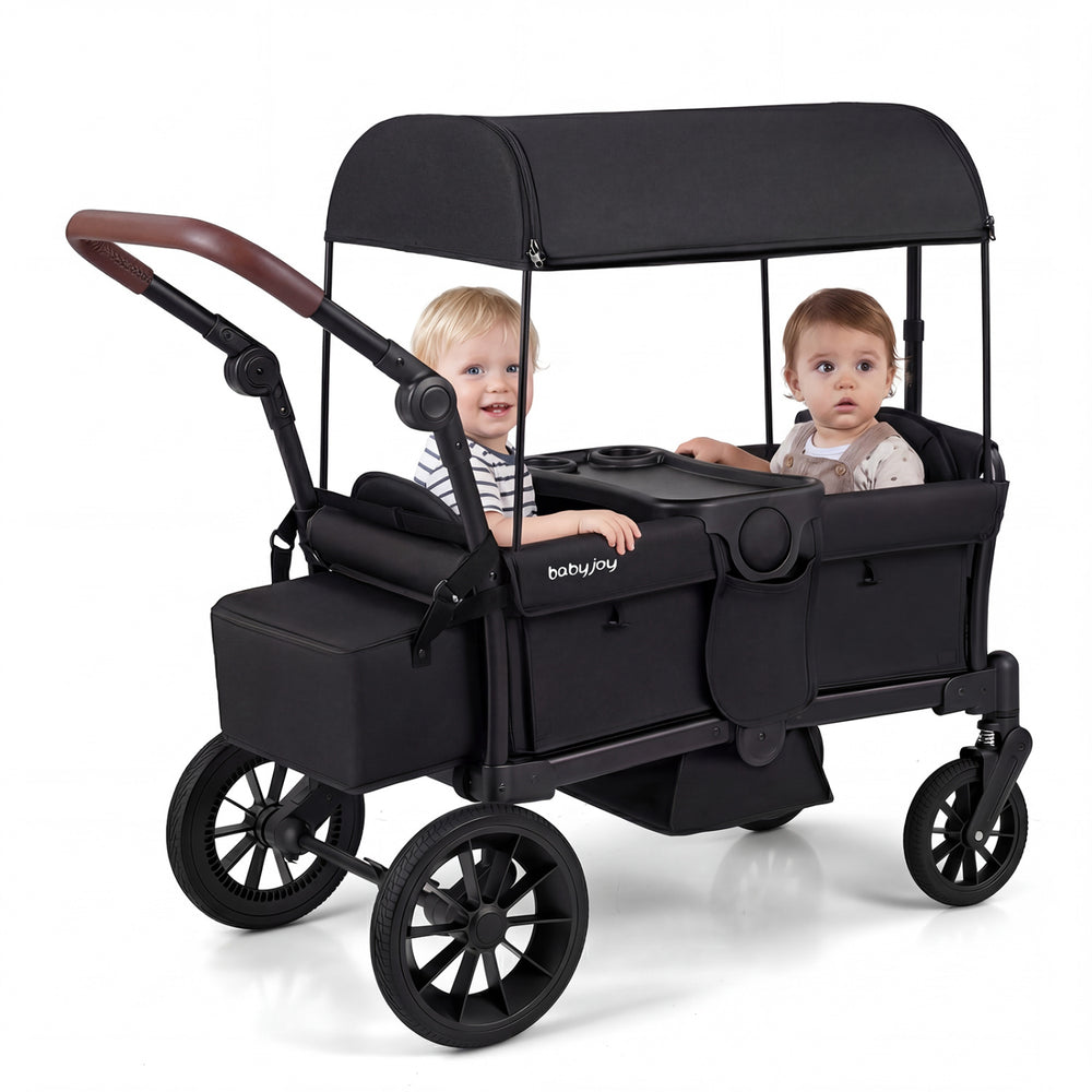 Dual-mode baby wagon with two seats, adjustable handles, and UPF 50+ sun protection for outdoor family travel.