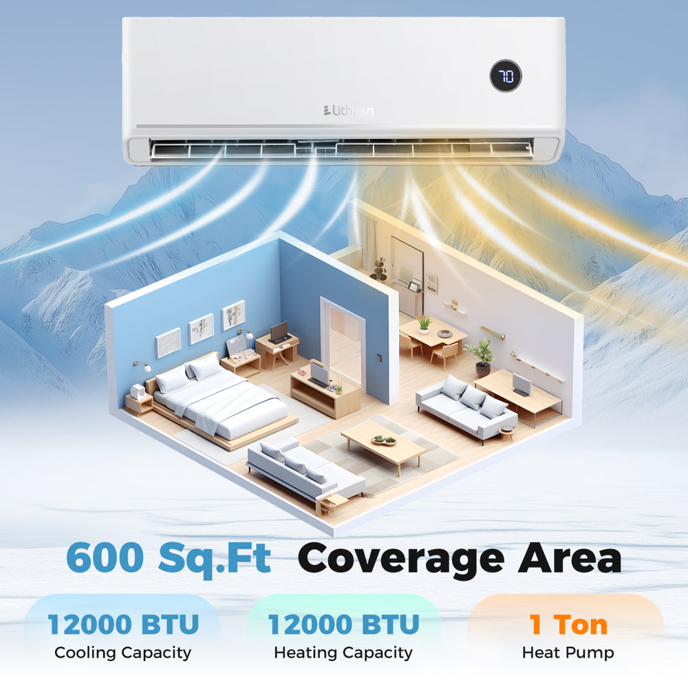 Smart mini split AC/heater with 12000 BTU, WiFi enabled, and 4D airflow control for efficient year-round comfort.