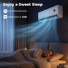 Mini split AC/heater with low-noise operation, WiFi control, and 4D airflow for year-round comfort in a bedroom setting.