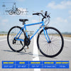 Blue 700C hybrid bike with adjustable saddle, Shimano 18-speed drivetrain, and phone holder for urban rides.