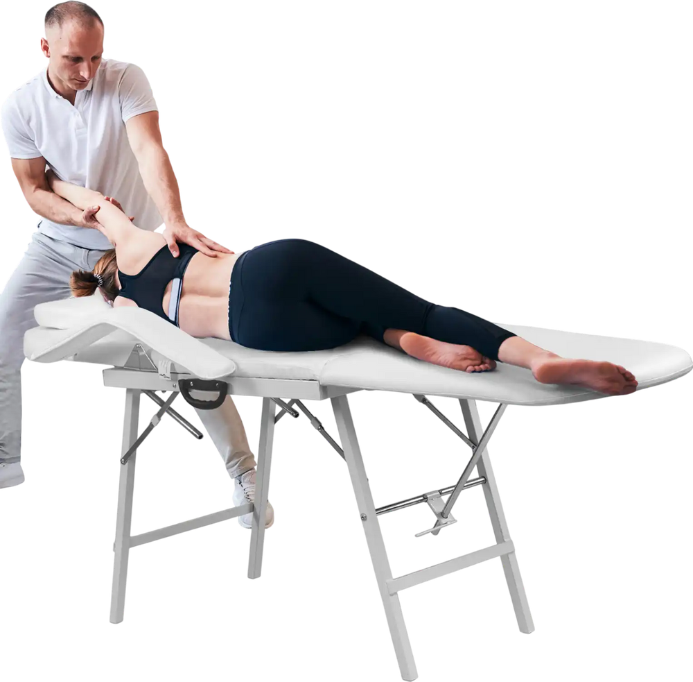 Adjustable massage table with backrest and footrest, featuring high-density foam and portable design for mobile.