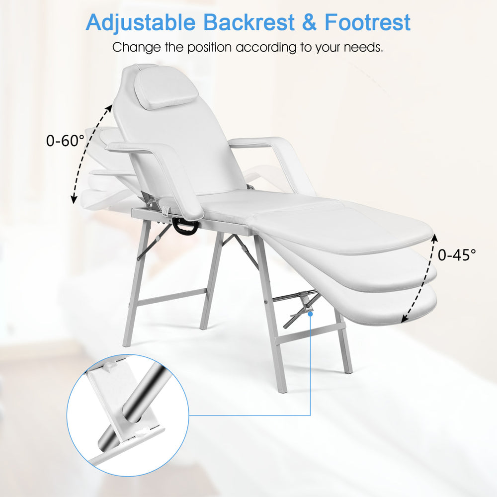 Adjustable massage table with backrest and footrest, featuring waterproof PVC leather and a sturdy metal frame for.