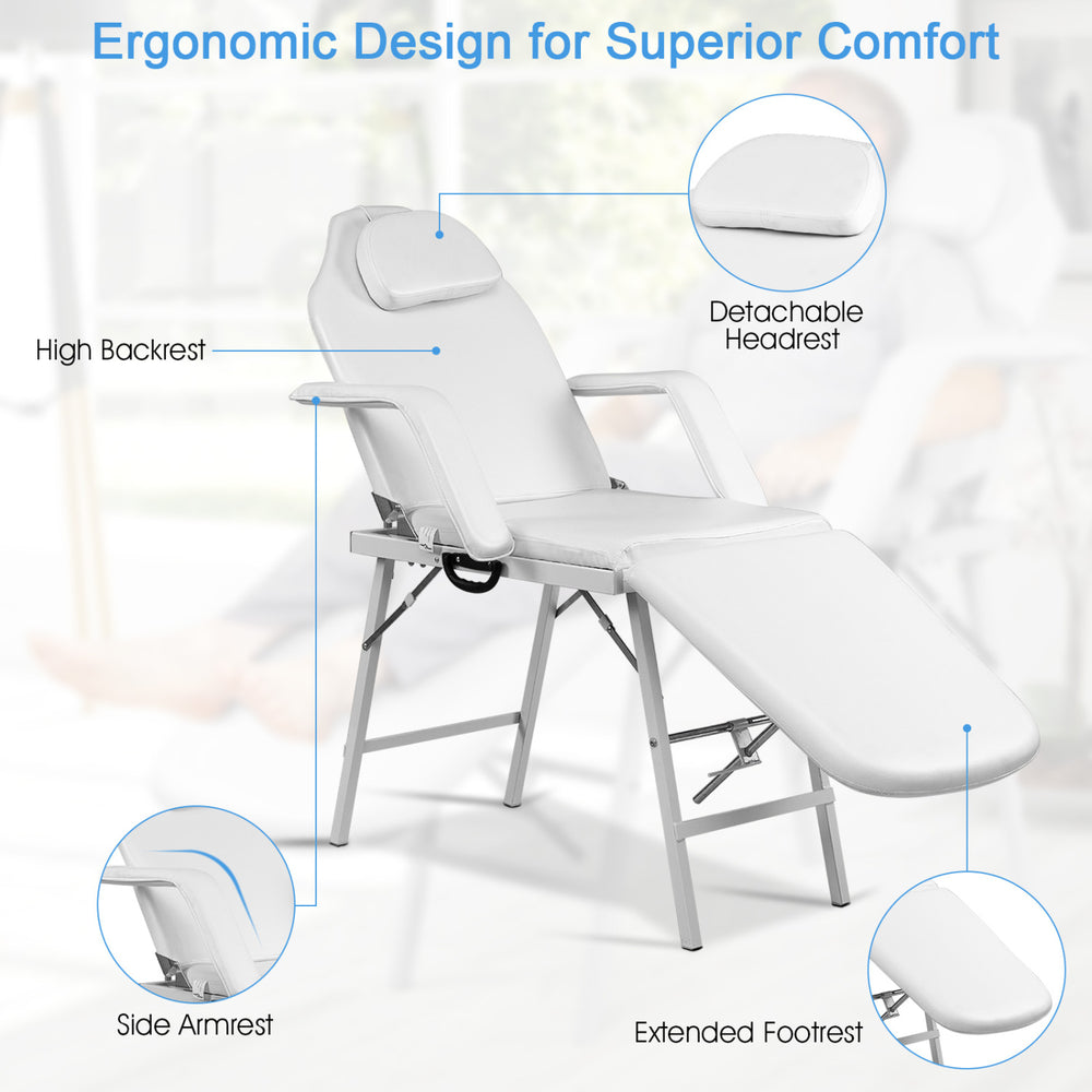 Adjustable massage table with high backrest and extended footrest, designed for optimal comfort and portability.