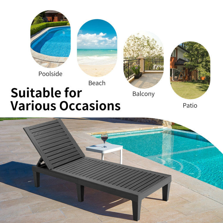 Adjustable recliner chair from a 3-piece patio lounge set, made of weather-resistant materials for poolside relaxation.