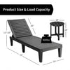 Adjustable recliner lounge chair and round side table dimensions, showcasing weather-resistant materials for outdoor.