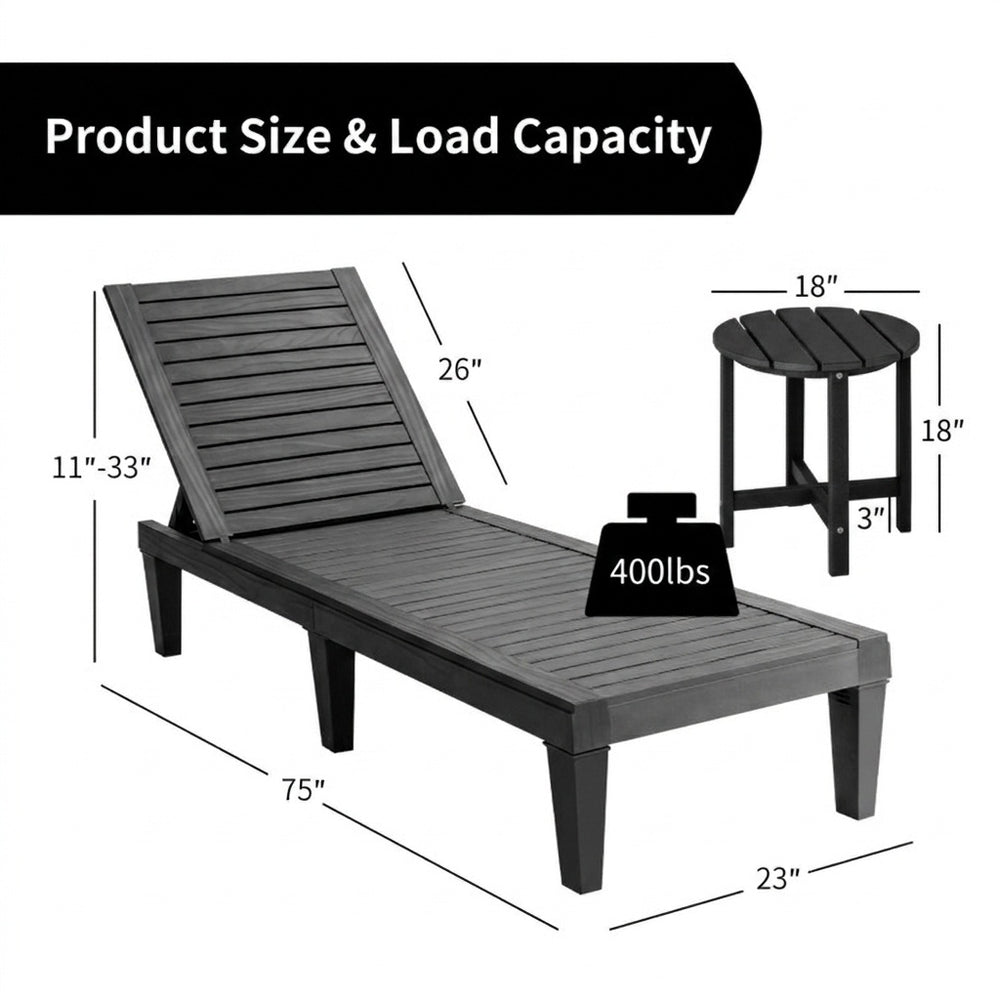 Adjustable recliner lounge chair and round side table dimensions, showcasing weather-resistant materials for outdoor.