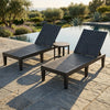 Two adjustable chaise lounge chairs and a round side table in a 3-piece patio set for poolside relaxation.