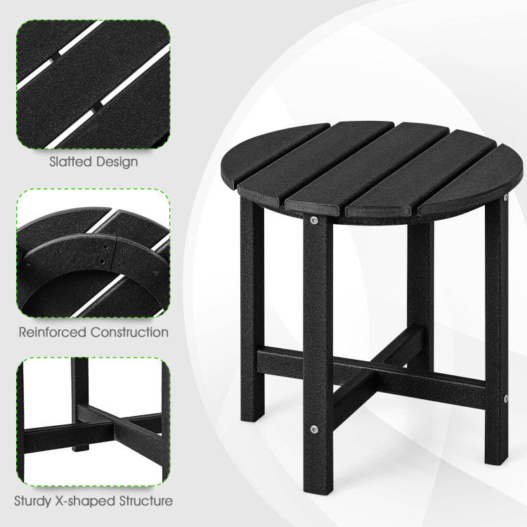 Round side table with slatted design and reinforced X-shaped structure, perfect for outdoor patio and poolside use.