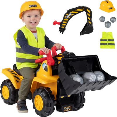 Costway 3-in-1 Ride-On Excavator Bulldozer Scooter w/ Engine Sound Helmet 23142226 New