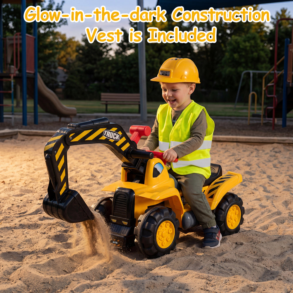 Child riding a 3-in-1 excavator bulldozer with sound, wearing a helmet and glow-in-the-dark vest in a sandbox.