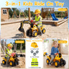 Kids 3-in-1 ride-on toy featuring an excavator and bulldozer design, includes helmet and safety vest for outdoor fun.