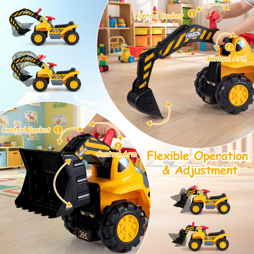 3-in-1 ride-on excavator bulldozer with detachable features, interactive sounds, and ergonomic seat for kids over 2.