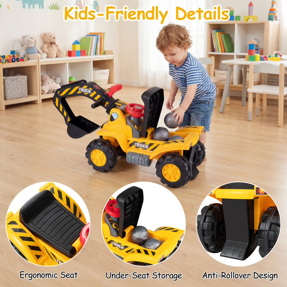 Kids-friendly 3-in-1 ride-on excavator with ergonomic seat, under-seat storage, and anti-rollover design for safe play.