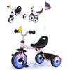 Toddler tricycle with glowing wheels, foldable design, basket, and duck bell for fun outdoor rides.
